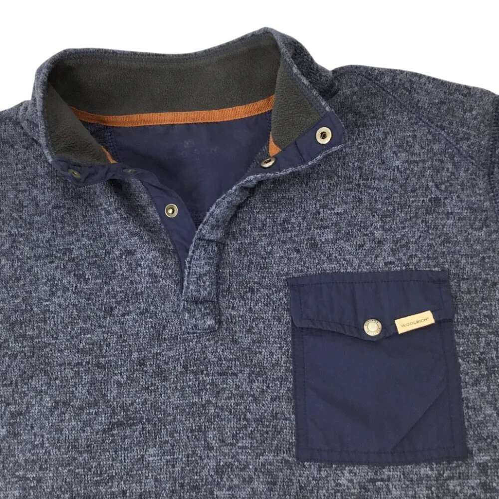 Woolrich 1/4 Snap Sweater Blue Men's Large Pullover Fleece Line Knit Pocket Mock